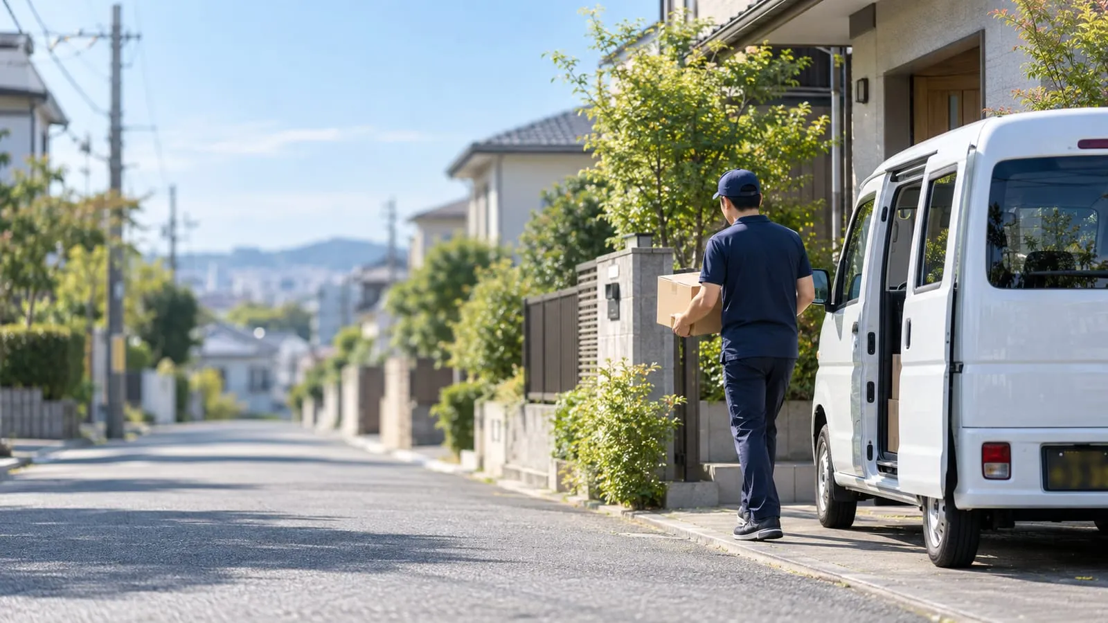 軽バンから荷物を運ぶ配送ドライバー