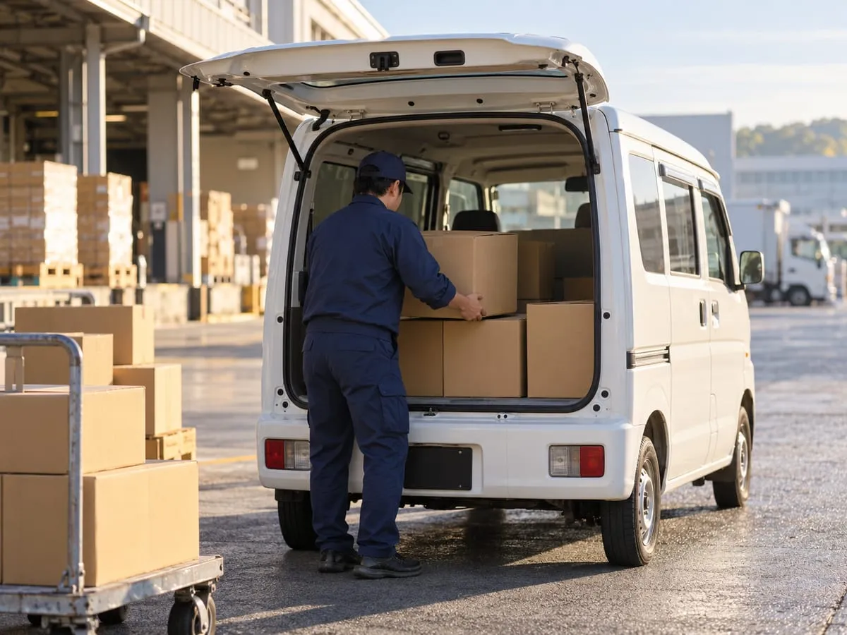 軽バンに荷物を積み込むドライバー
