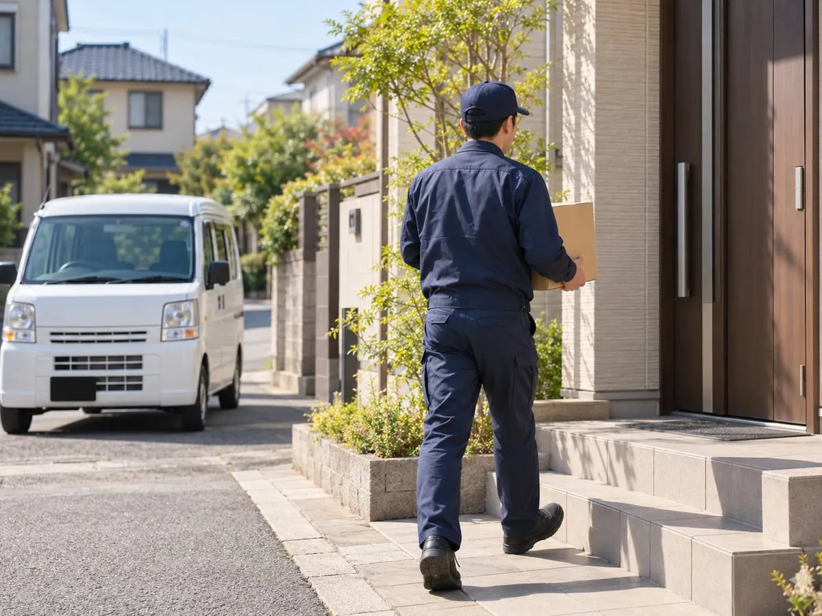 住宅の玄関先へ荷物を運ぶドライバー