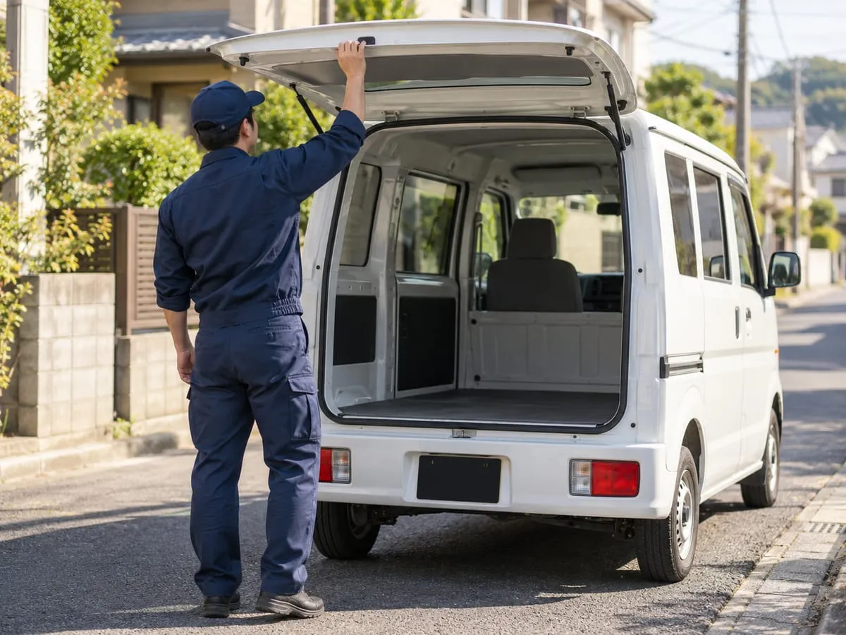 空になった荷室のドアを閉めるドライバー