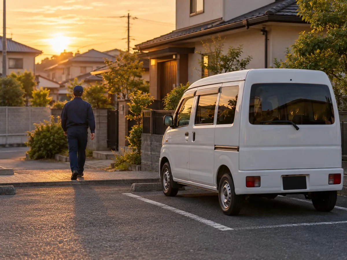 夕方、車を停めて帰宅するドライバー